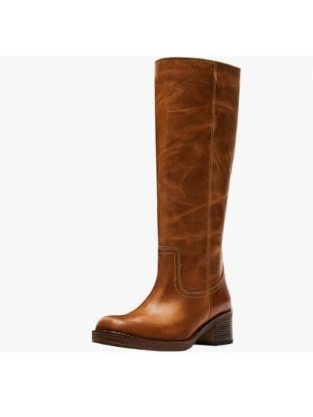 FOWT Women Platform Round Toe Calf High Boots Chunky Low Heel Riding Boots Brown